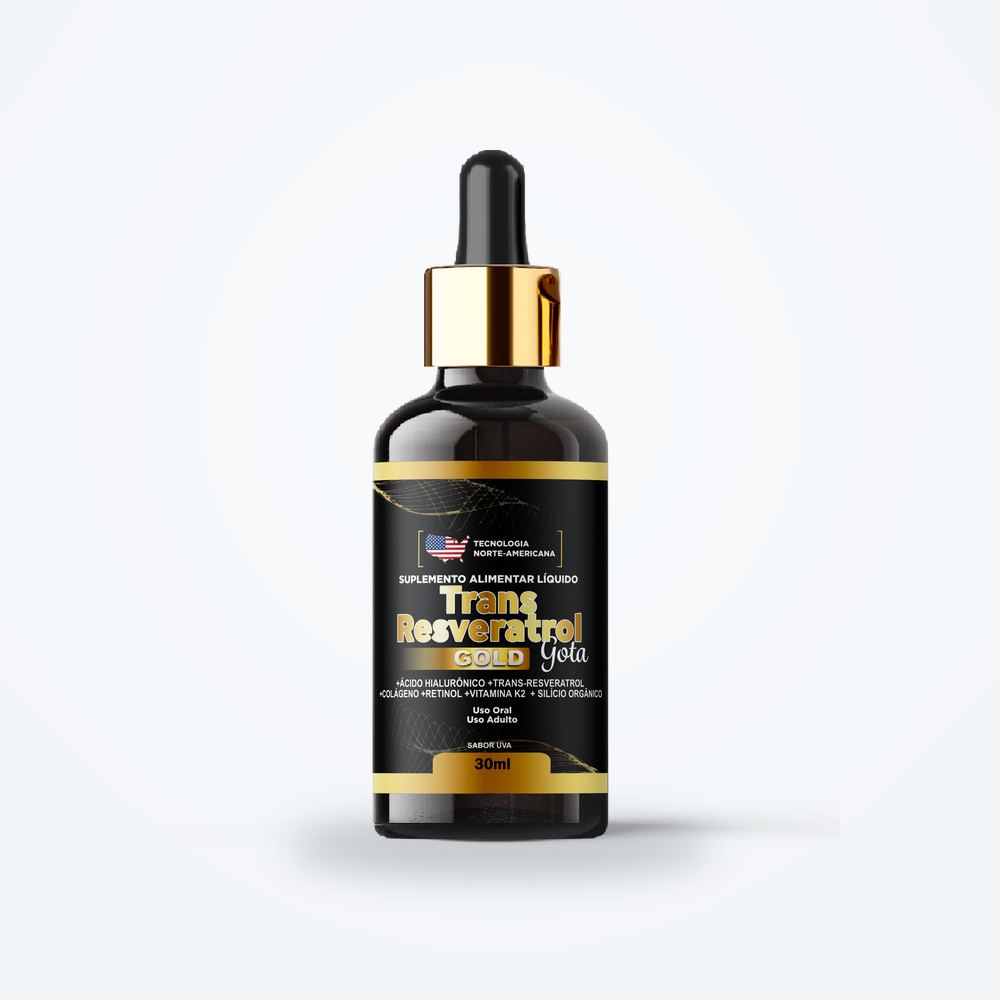 Frasco de 30 ml do Trans Resveratrol Gold Gota, suplemento liquido com conta-gotas